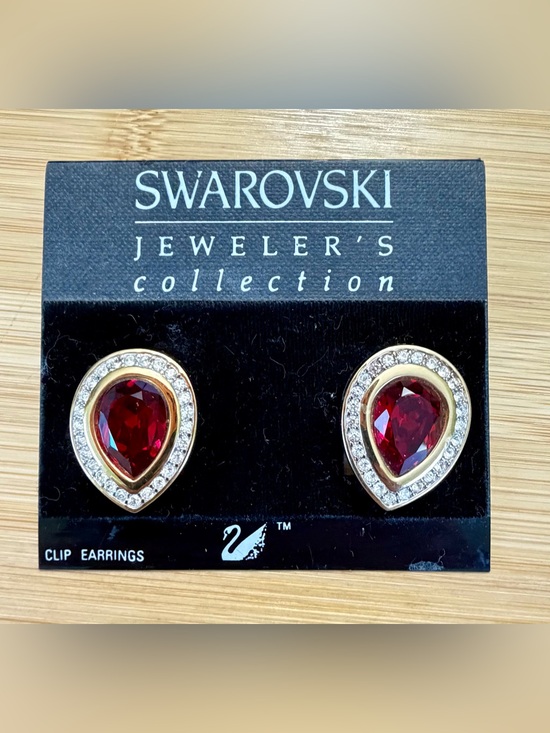 Swarovski Jewelry - Vintage Swarovski SAL Gold-Tone Red Teardrop & Pave Crystal Clip On Earrings
